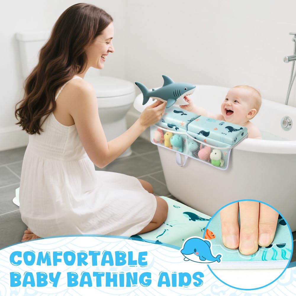 SKEFOLI baby bath kneeler pockets open showing organized toy and supply storage.