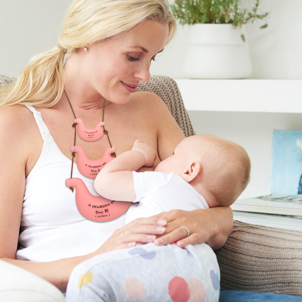 Skillssist Belly Size day badge tag showing stomach capacities at different newborn stages.