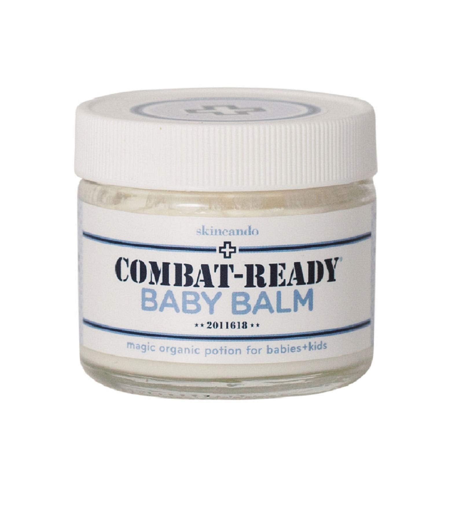 Skincando Combat Ready Skin Balm jar showcases organic moisturizing for baby and kid skin