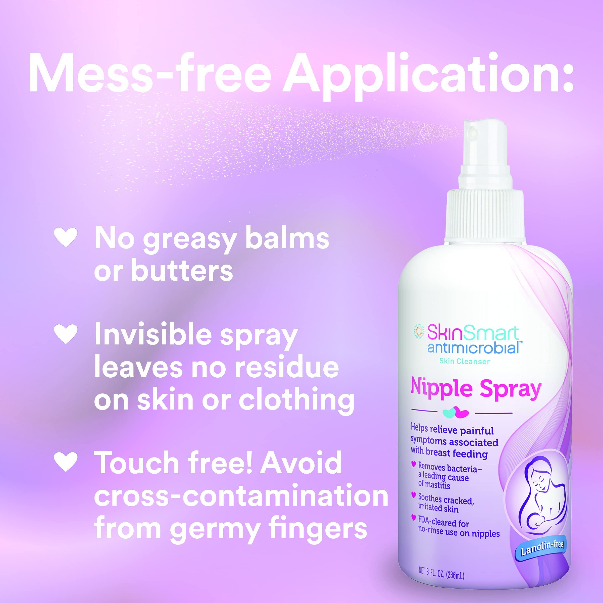 SkinSmart 8oz spray packaging shown colorless and mess-free for simple breastfeeding care.