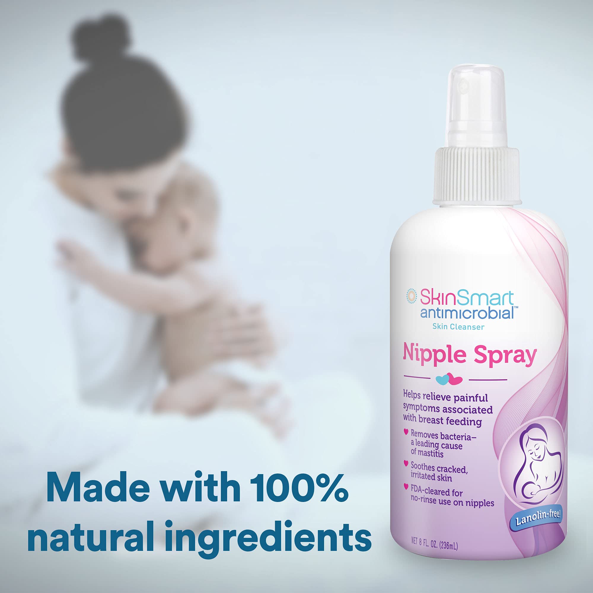 SkinSmart Nipple Relief Spray application demonstrates quick rinse-free use for moms on the go.