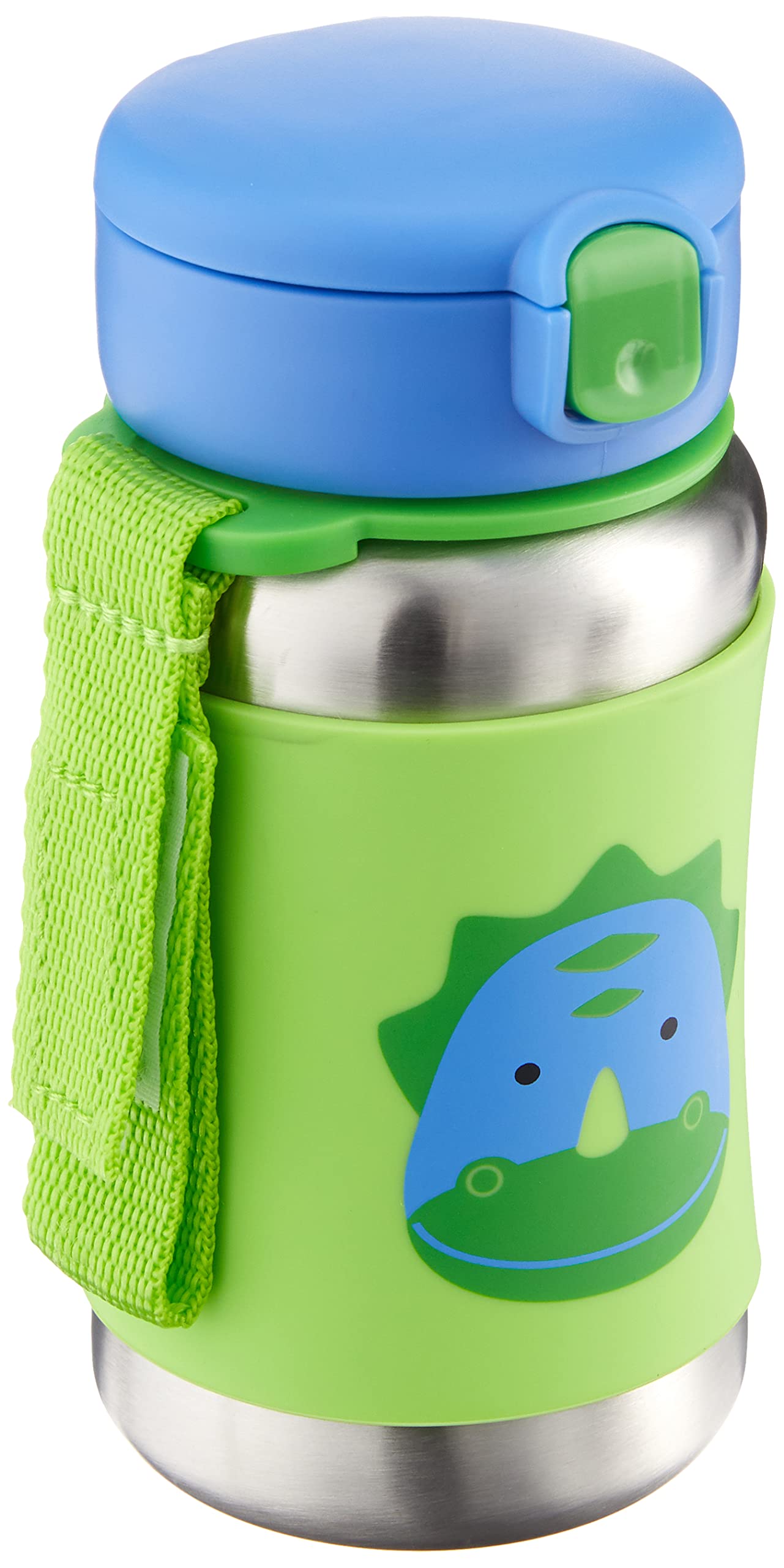 Skip Hop Dino stainless steel sippy cup front view highlights durable kid-friendly design