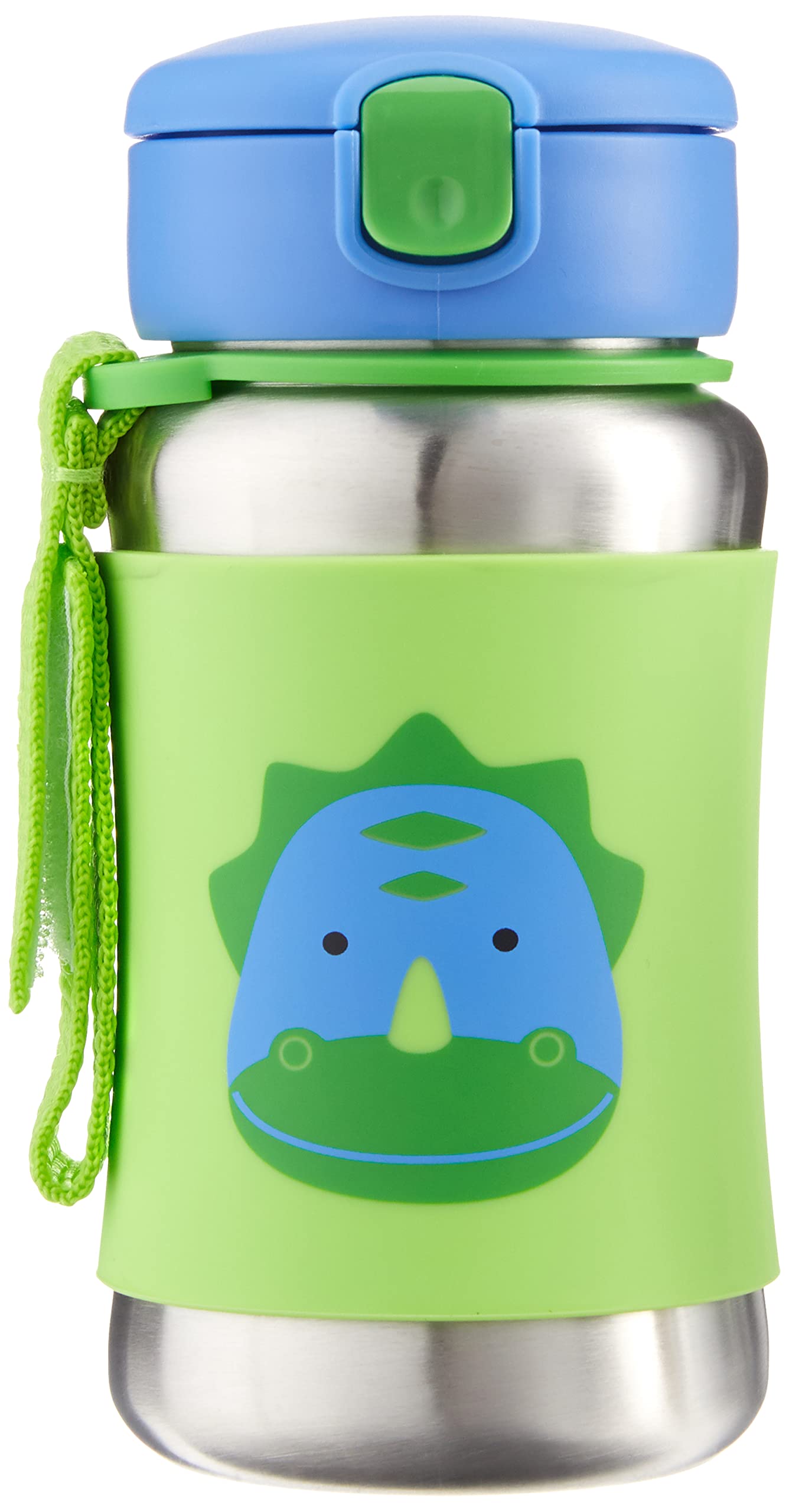Skip Hop Dino stainless-steel sippy cup side view emphasizes leak-resistant grip for kids