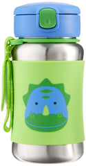 Skip Hop Dino stainless-steel sippy cup side view emphasizes leak-resistant grip for kids