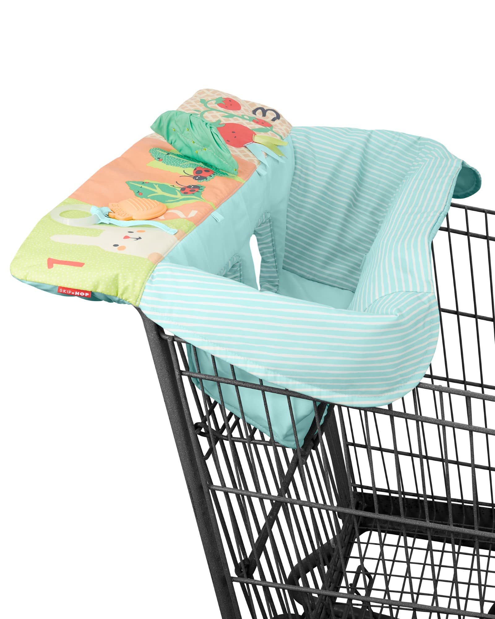 Skip Hop Farmstand cart cover front view with carrot teether engages baby during shopping