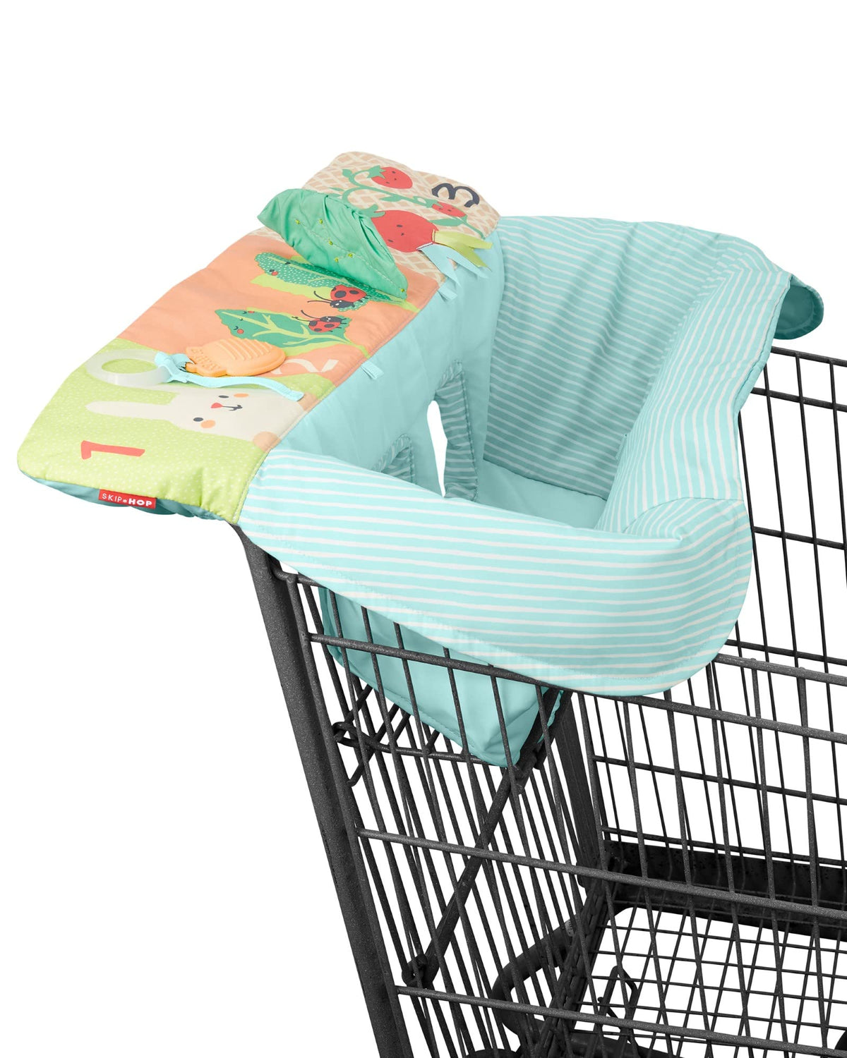 Skip Hop Farmstand cart cover front view with carrot teether engages baby during shopping