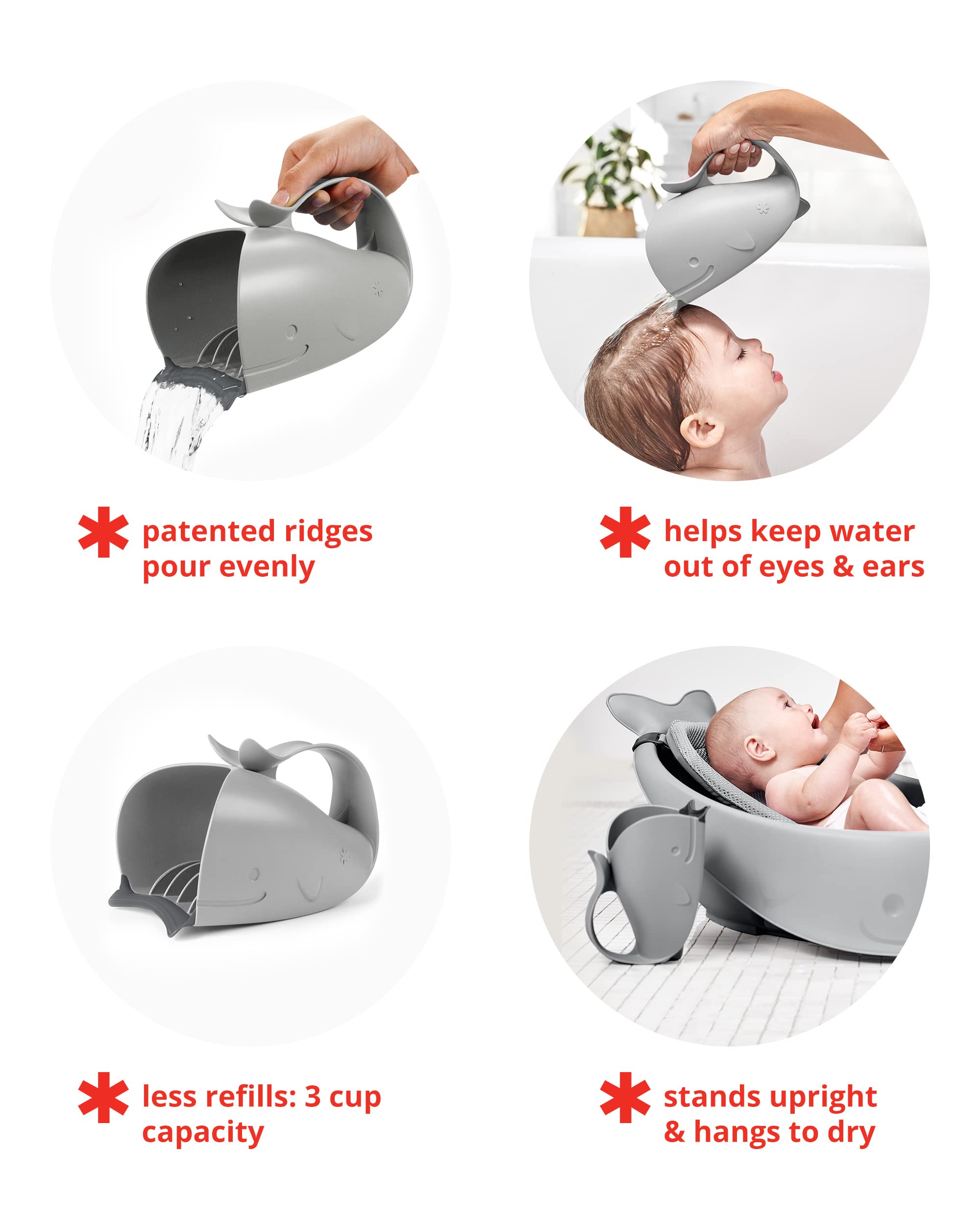 Skip Hop Moby rinse cup in use with one-handed pouring during bath
