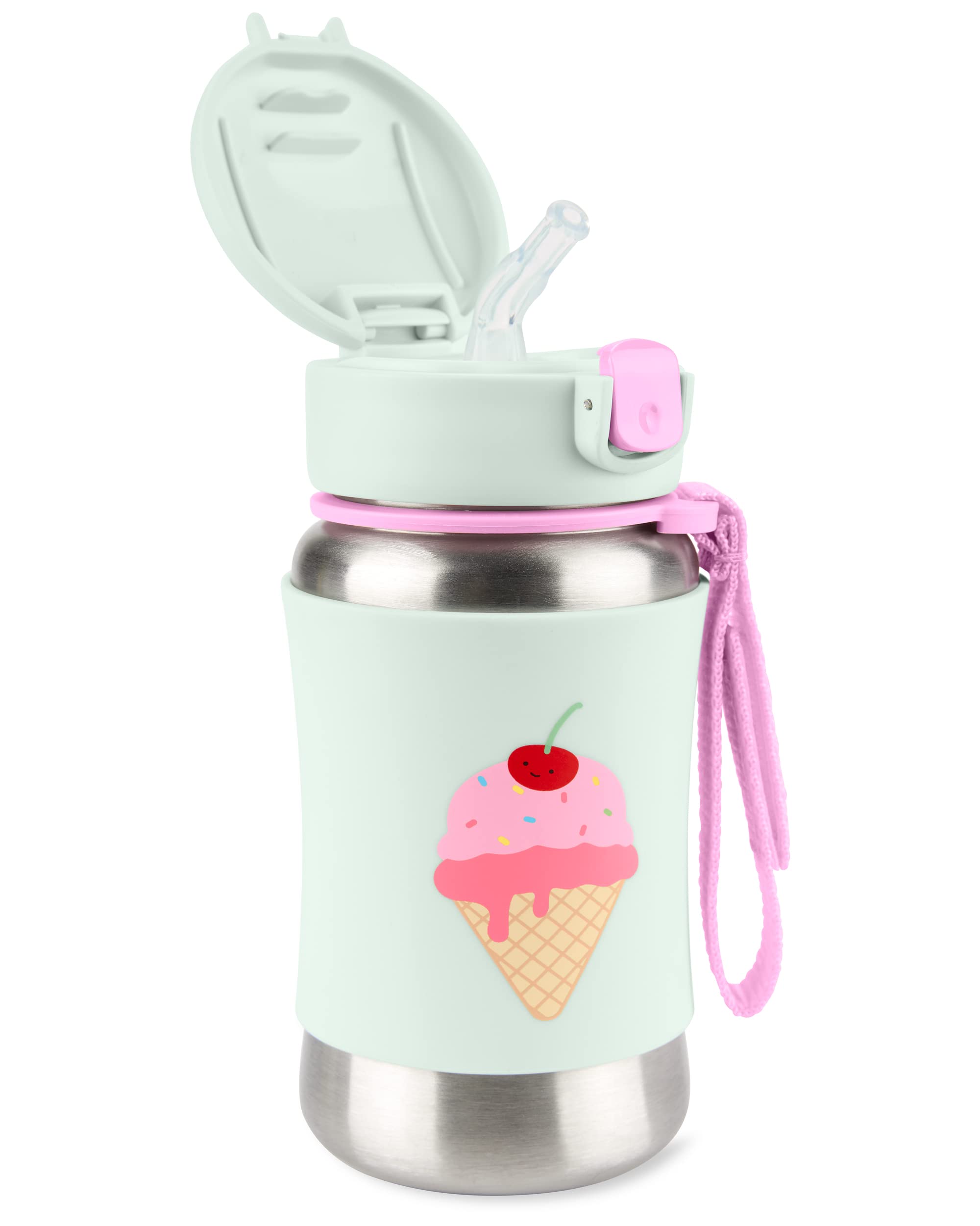 Skip Hop Sparks pop-up lid with flexible straw for easy sipping.
