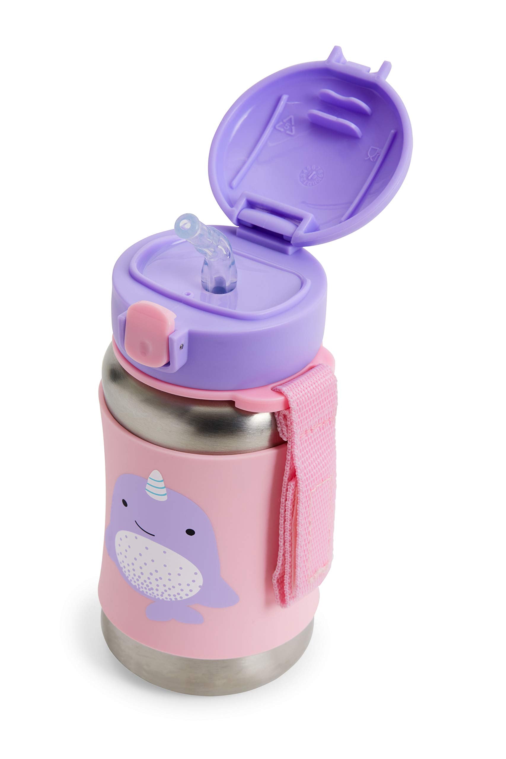 Skip Hop Narwhal sippy straw with pop-up lid keeps straw clean.
