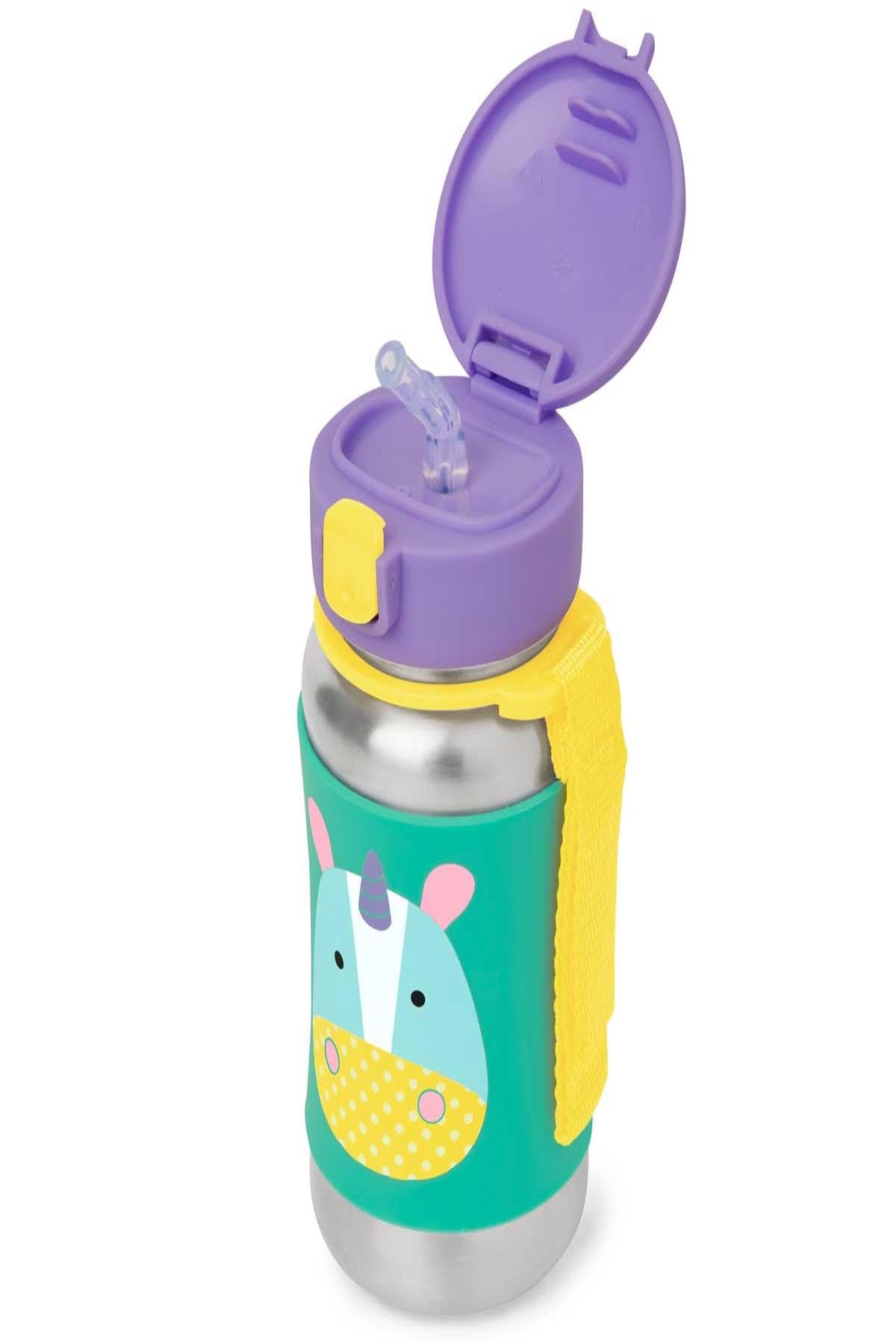 Skip Hop Unicorn bottle with pop-up lid keeps straw clean on the go.