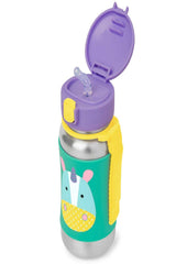 Skip Hop Unicorn bottle with pop-up lid keeps straw clean on the go.