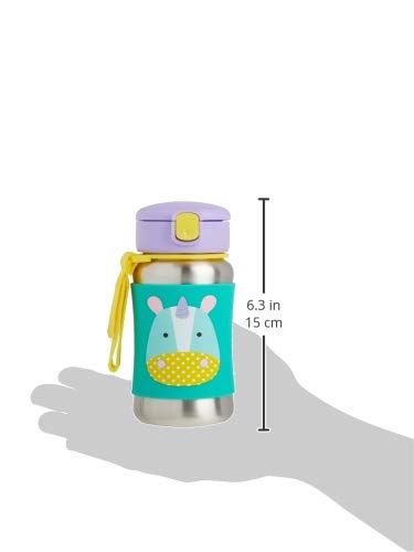 Skip Hop Zoo stainless steel cup; flexible straw for mess-free sipping.