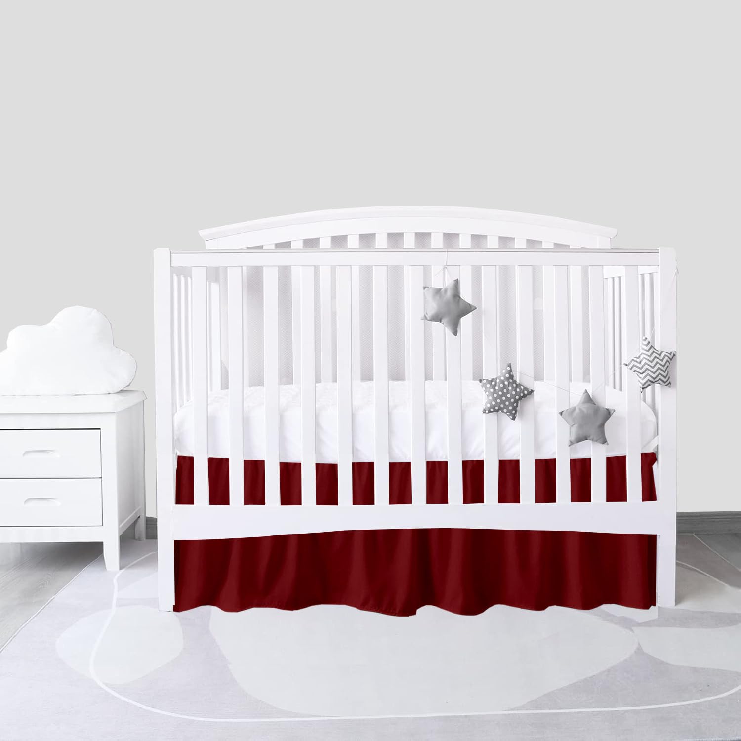 Sky Beddings burgundy crib skirt with 14-inch drop at standard crib.