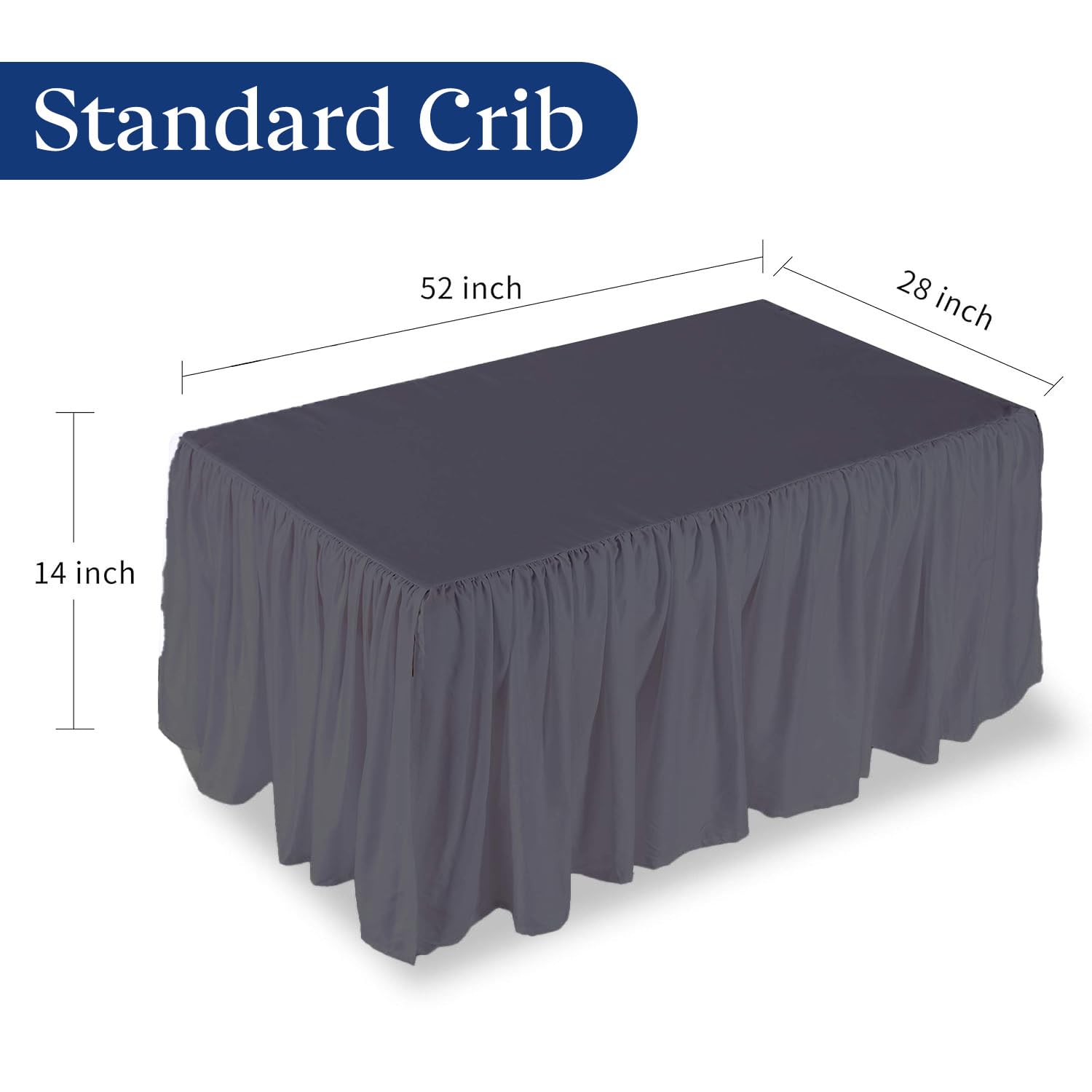 SKY BEDDINGS crib skirt 14-inch drop side view demonstrates easy installation around posts.