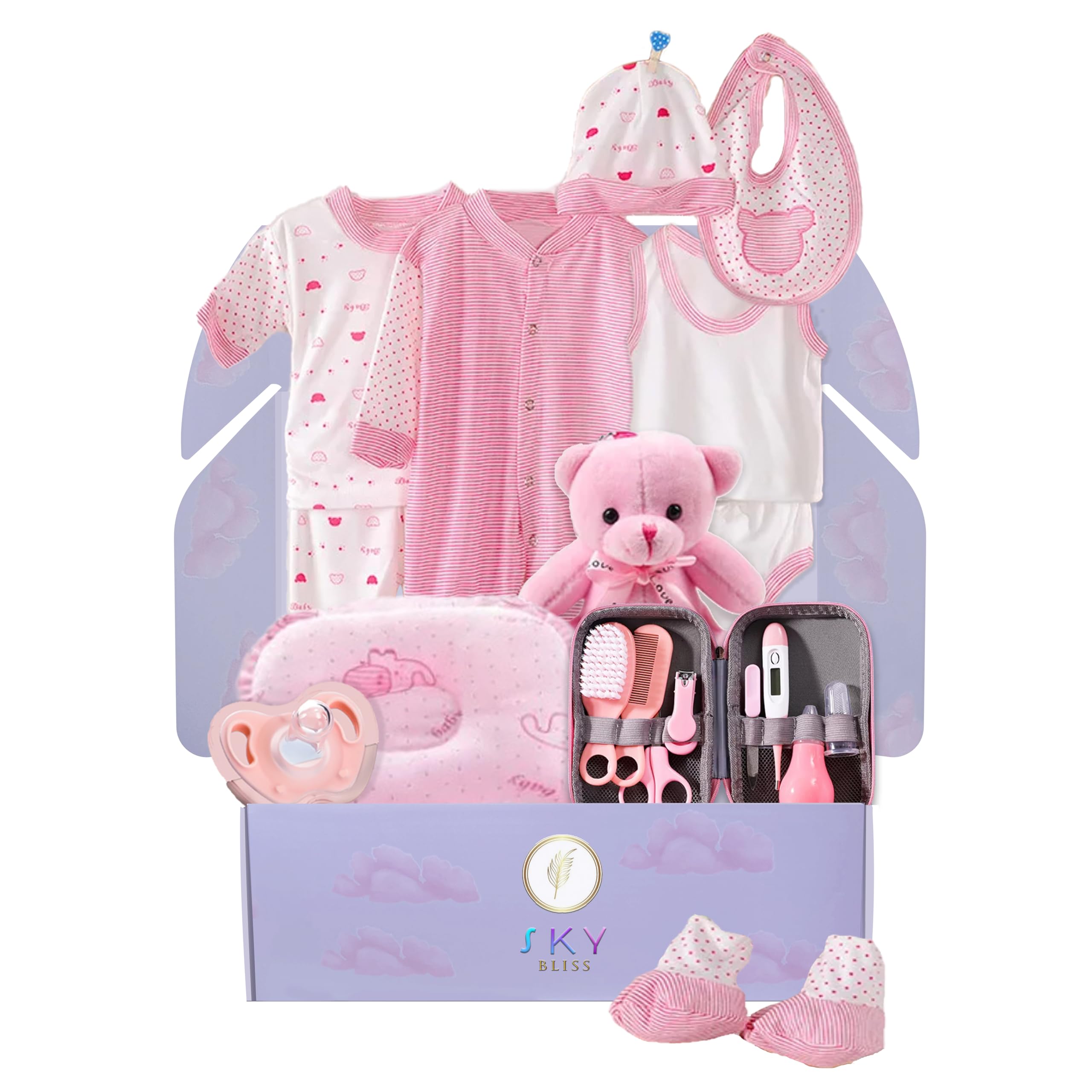 Sky Bliss gift box highlighting the pink newborn set for easy gifting