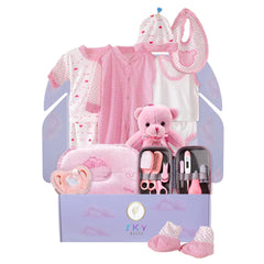 Sky Bliss gift box highlighting the pink newborn set for easy gifting