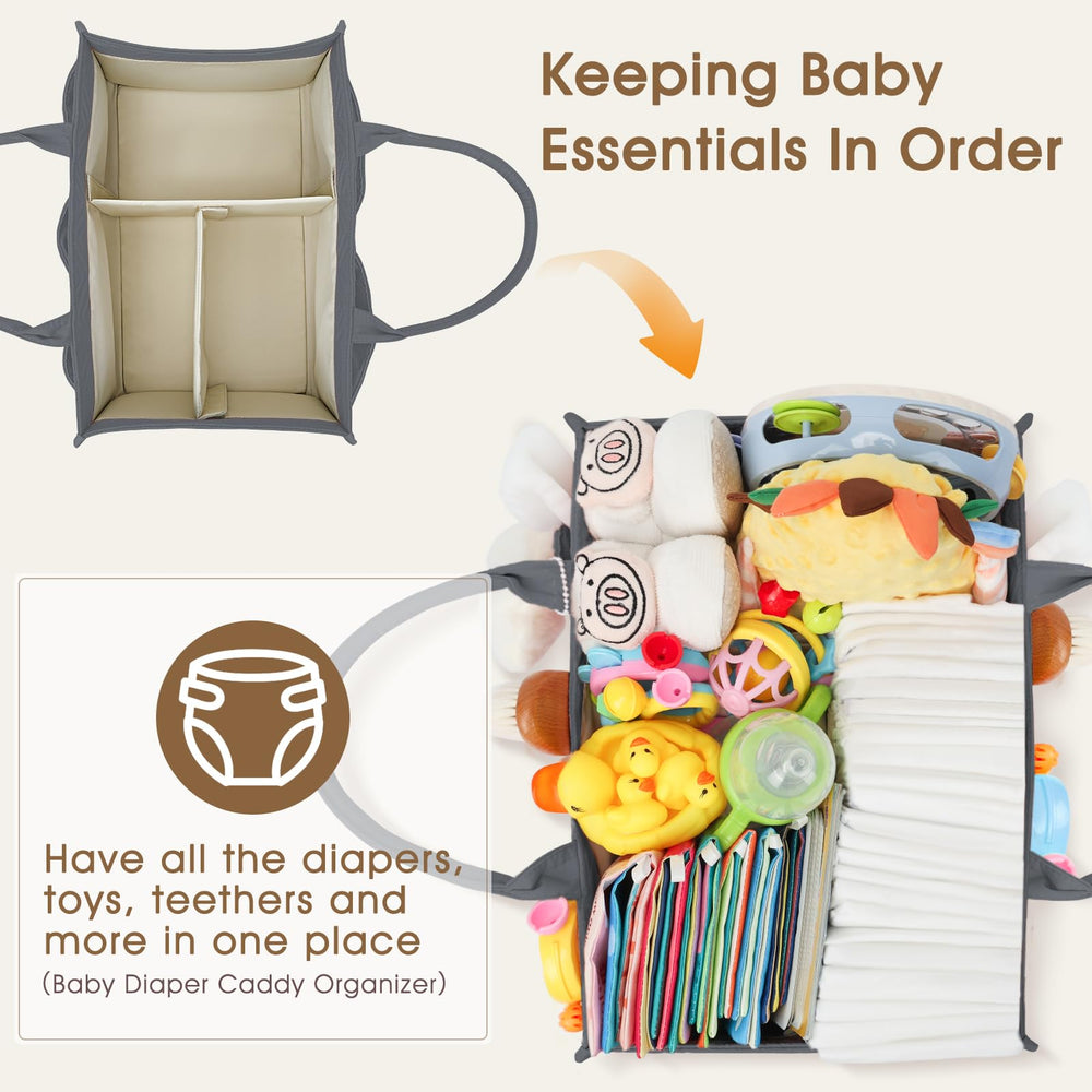 Skycase diaper caddy side pockets organized for wipes and bibs within reach.