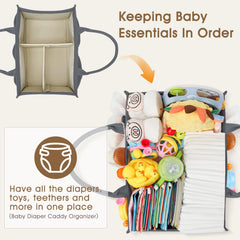 Skycase diaper caddy side pockets organized for wipes and bibs within reach.