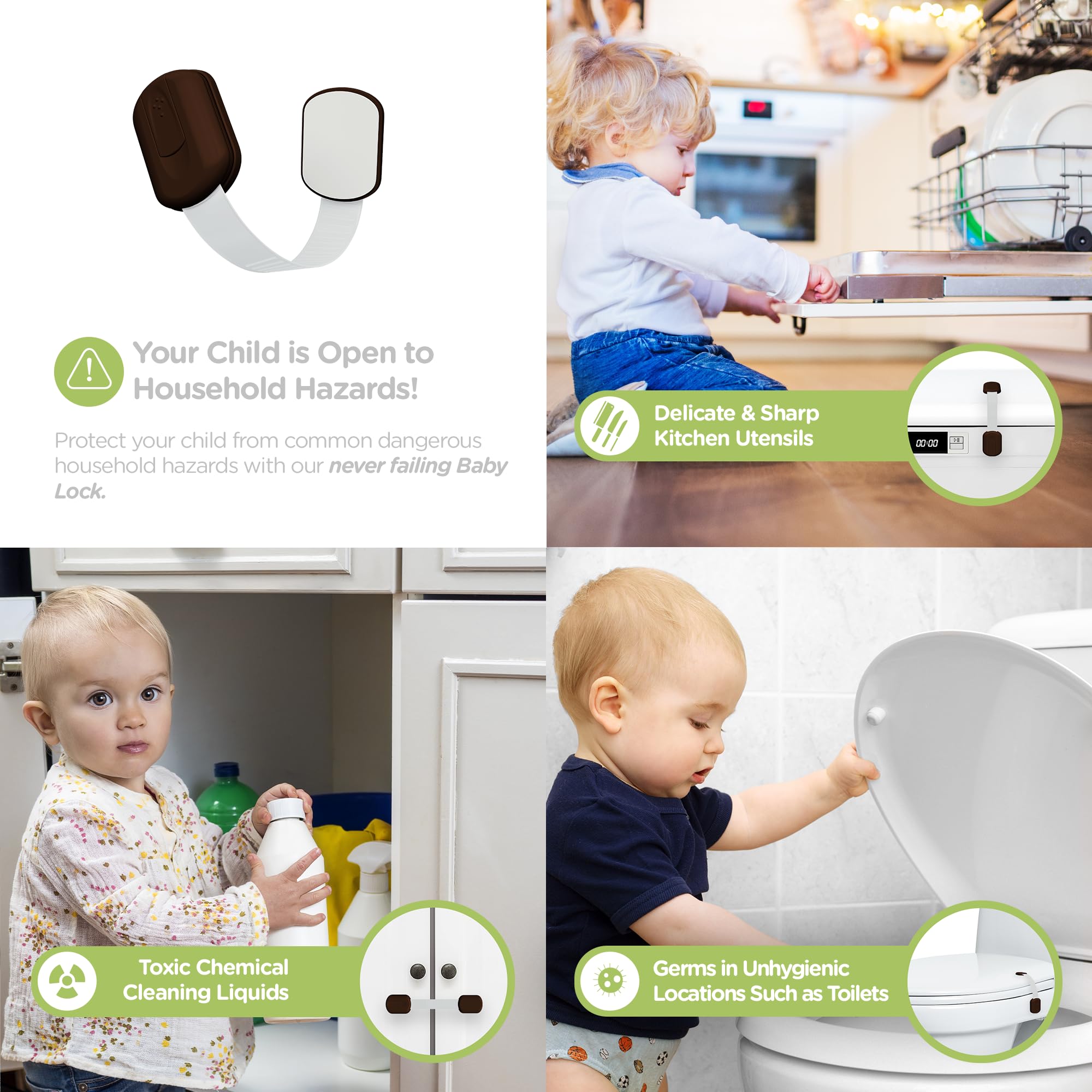 Skyla Homes Baby Locks adhesive image highlighting screw-free mounting.