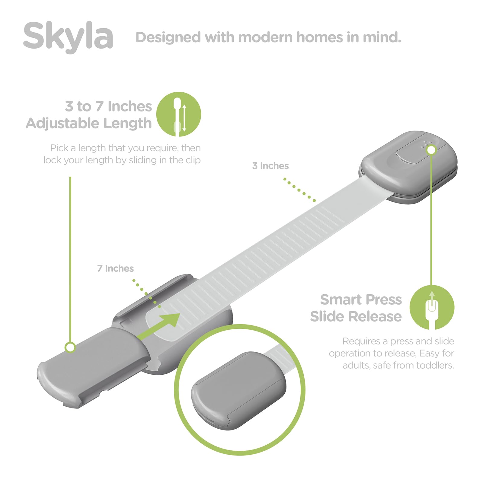 Skyla Homes flexible-strap lock around cabinet handle for multi-surface use