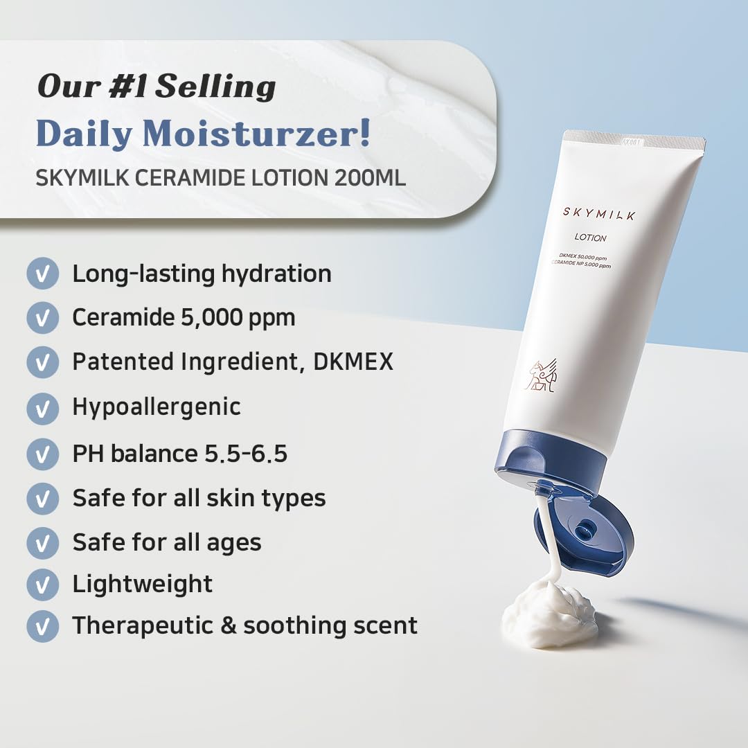 SKYMILK Ceramide Lotion closeup highlights non-sticky texture and fast absorption