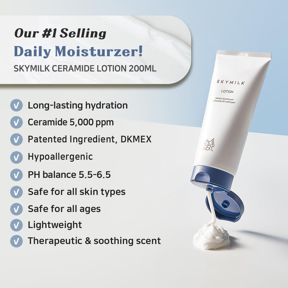 SKYMILK Ceramide Lotion closeup highlights non-sticky texture and fast absorption