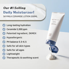 SKYMILK Ceramide Lotion closeup highlights non-sticky texture and fast absorption