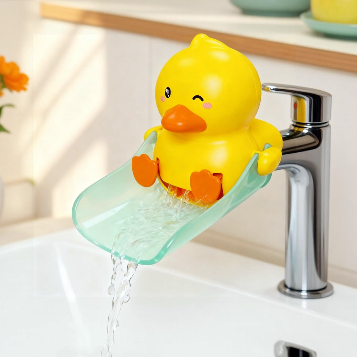 Skyroku Duck-Tastic extender front view shows kid-friendly faucet compatibility.