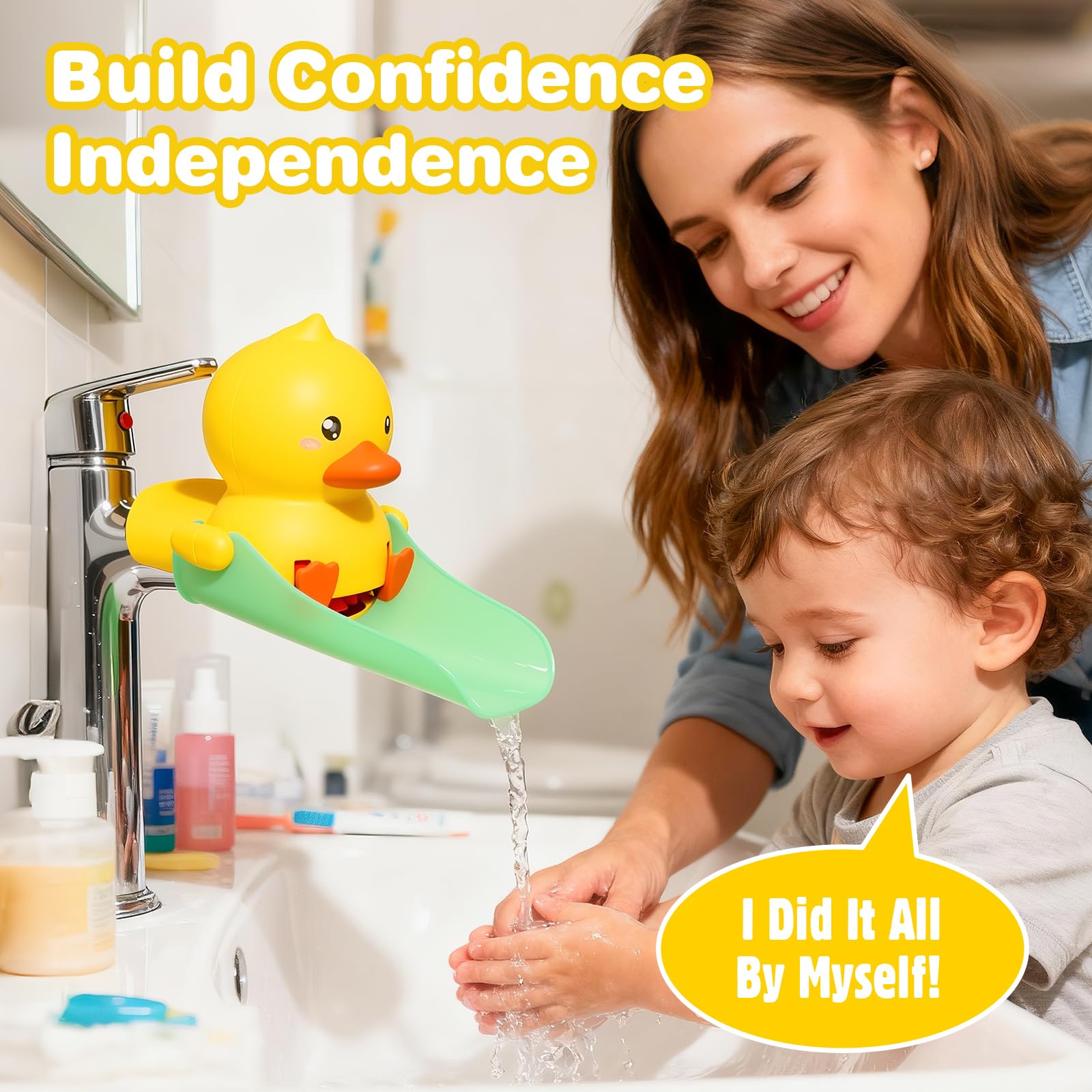 Skyroku Duck-Tastic splash-proof feature helps reduce water spray at the sink.