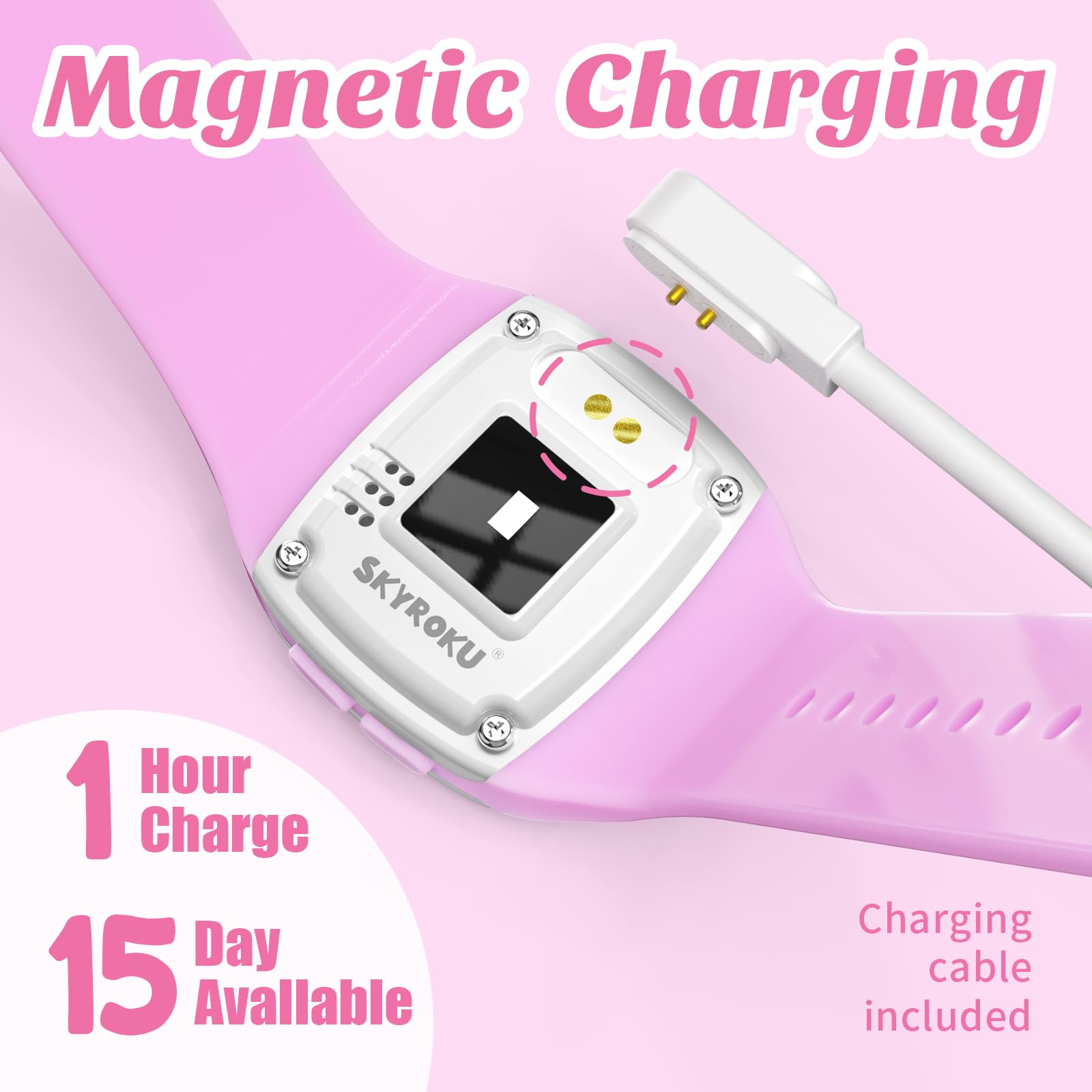 Skyroku Potty Watch magnetic charging for quick, convenient weekly recharges.