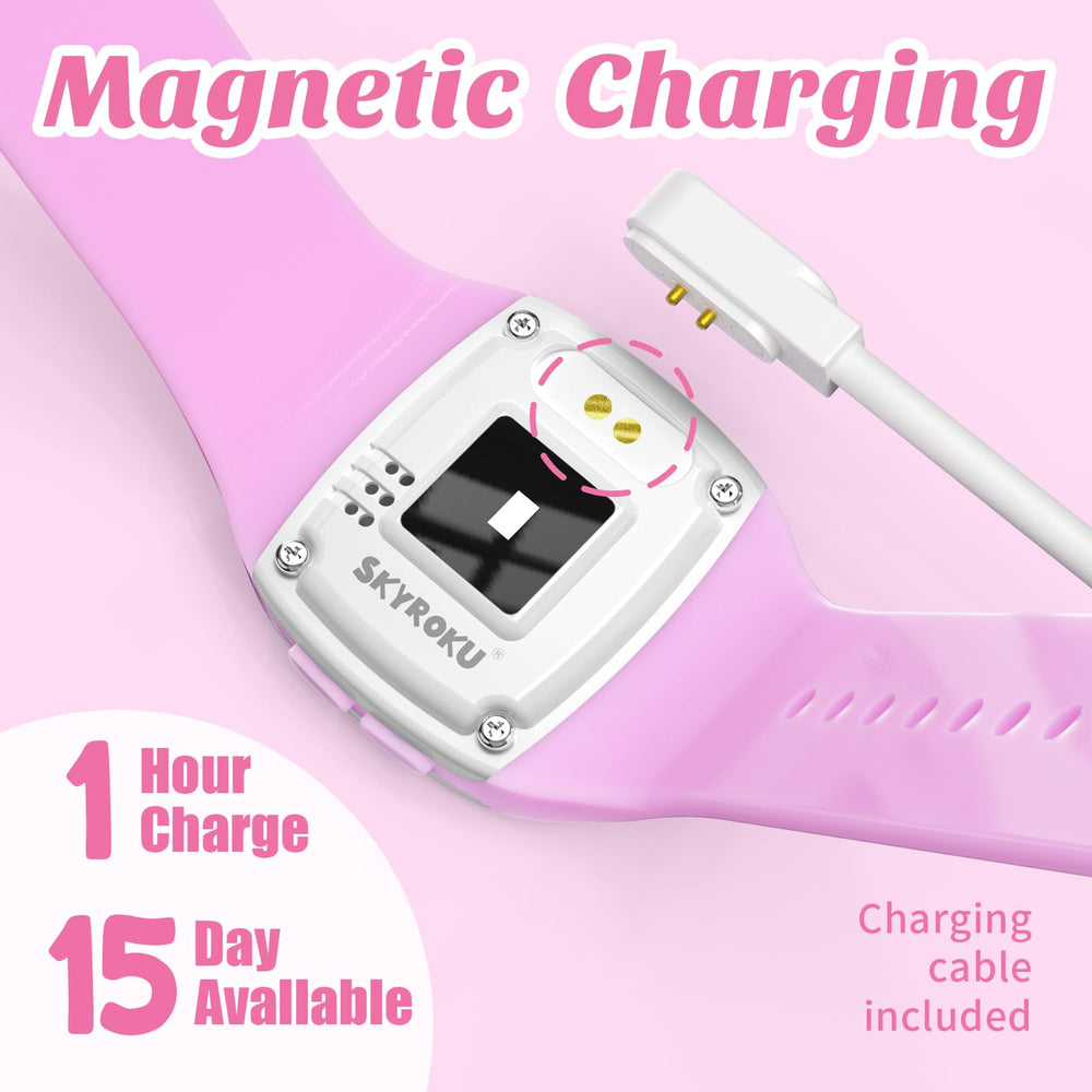 Skyroku Potty Watch magnetic charging for quick, convenient weekly recharges.