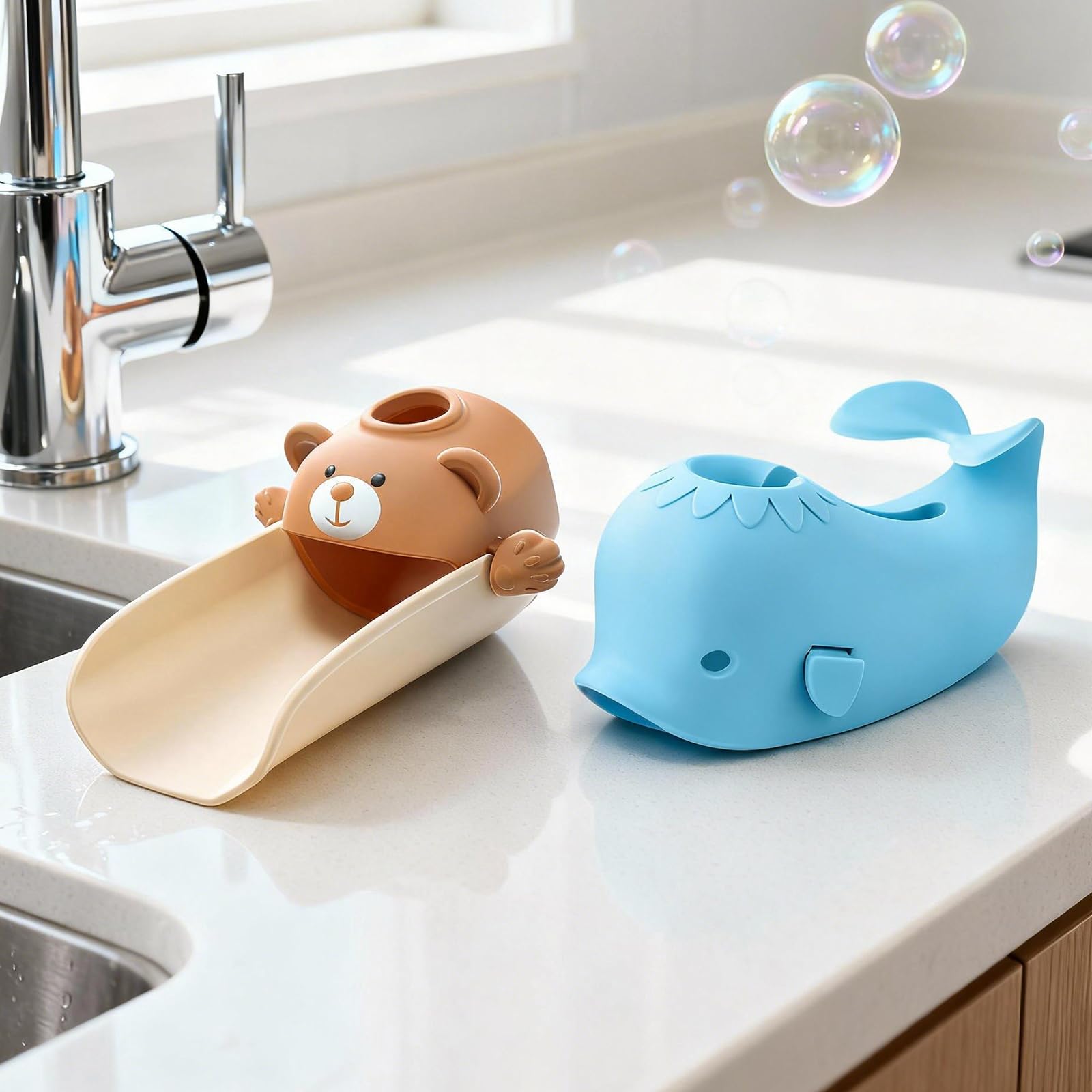 Skyroku toddler faucet extender close-up showing extended spout for easier reach