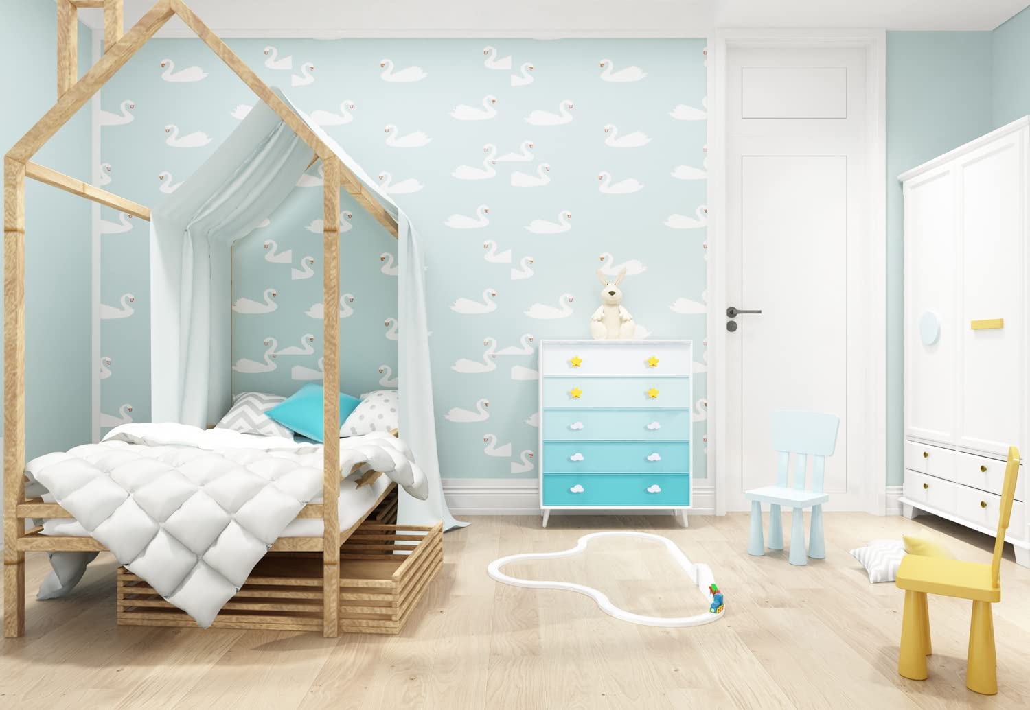 Skyscraper drawer handle cloud white blends with decor and organizes spaces.