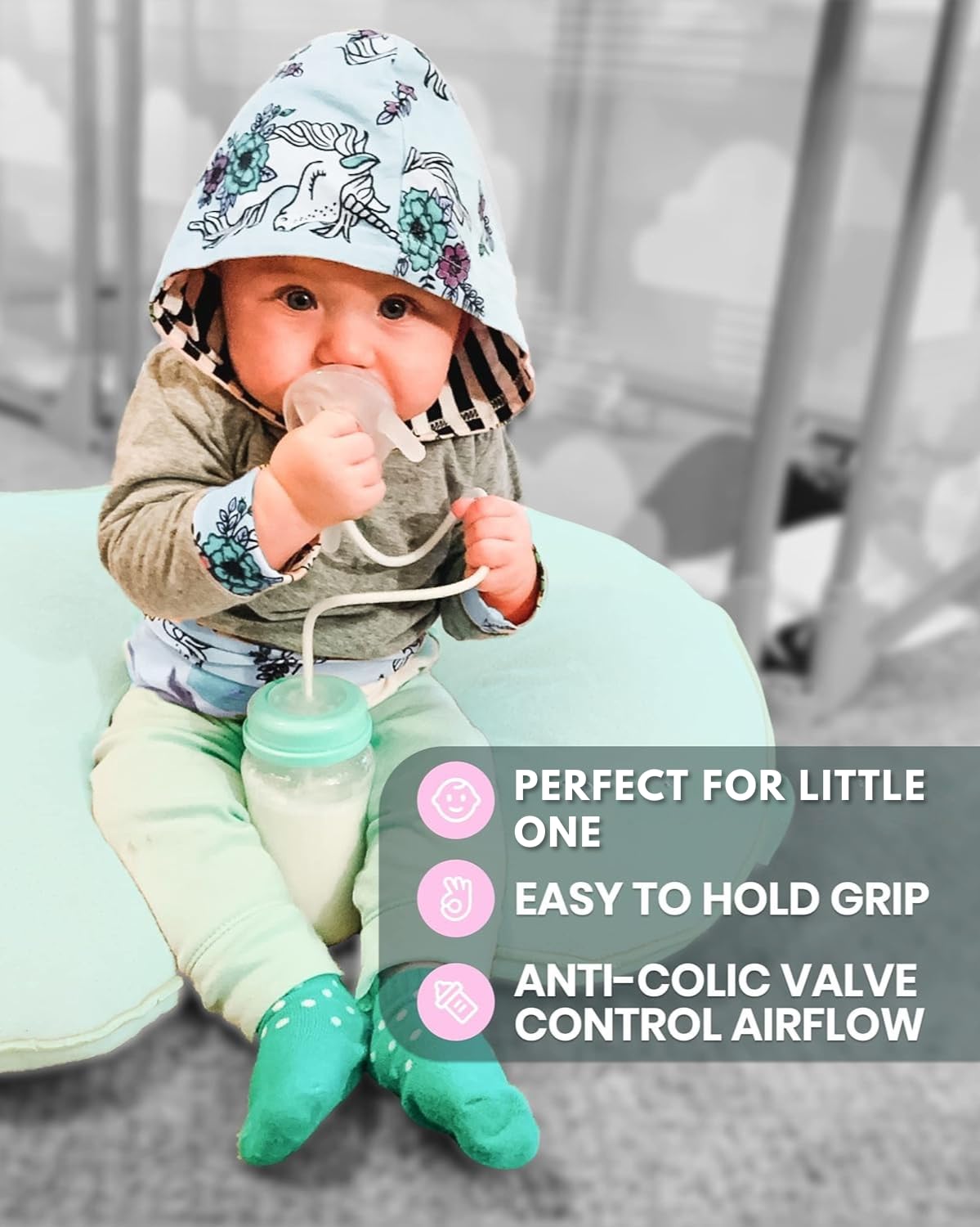 Skywin TidyFriend anti-colic vent system reduces air intake during feeds.