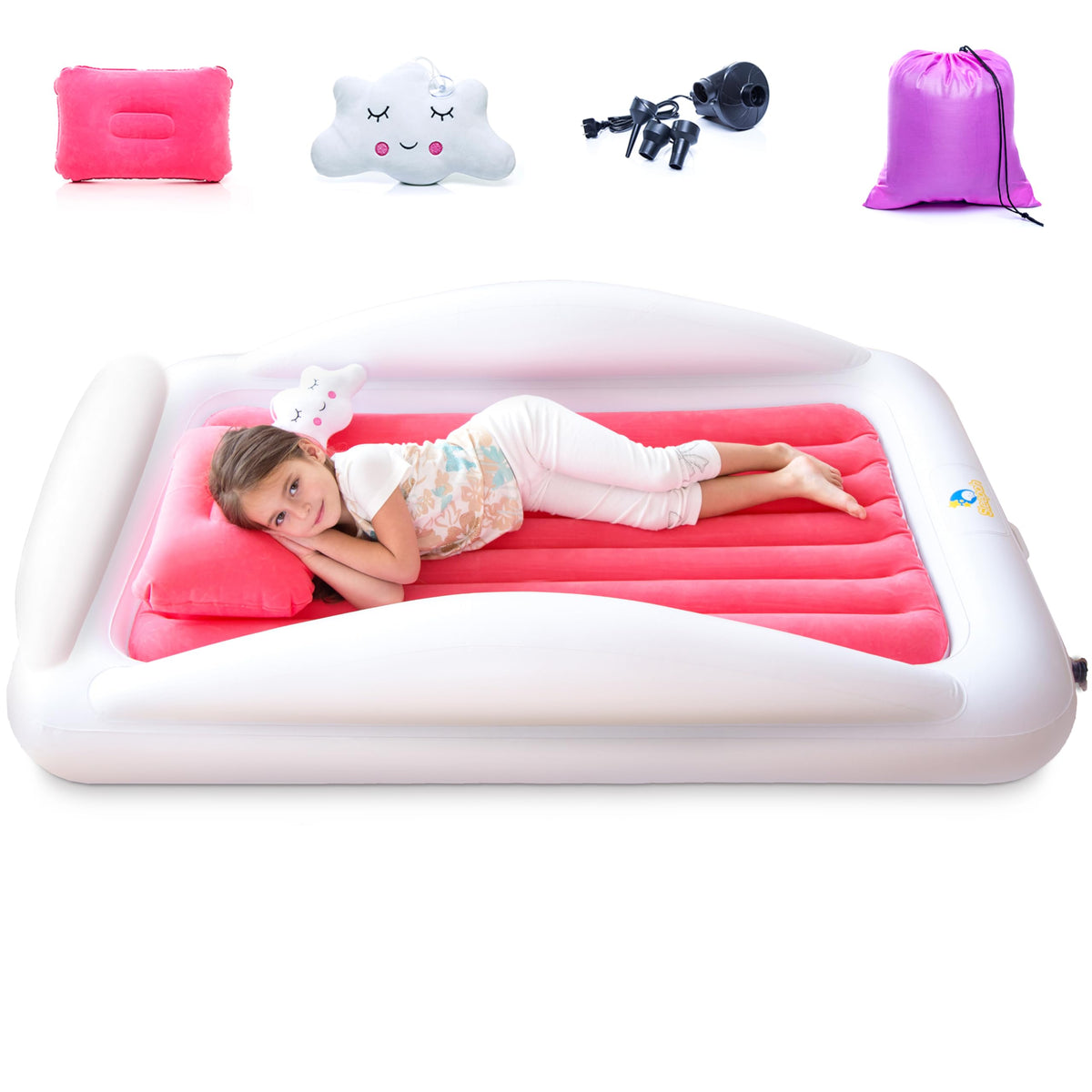 Sleepah toddler travel bed coral inflated for safe, roomy sleep.