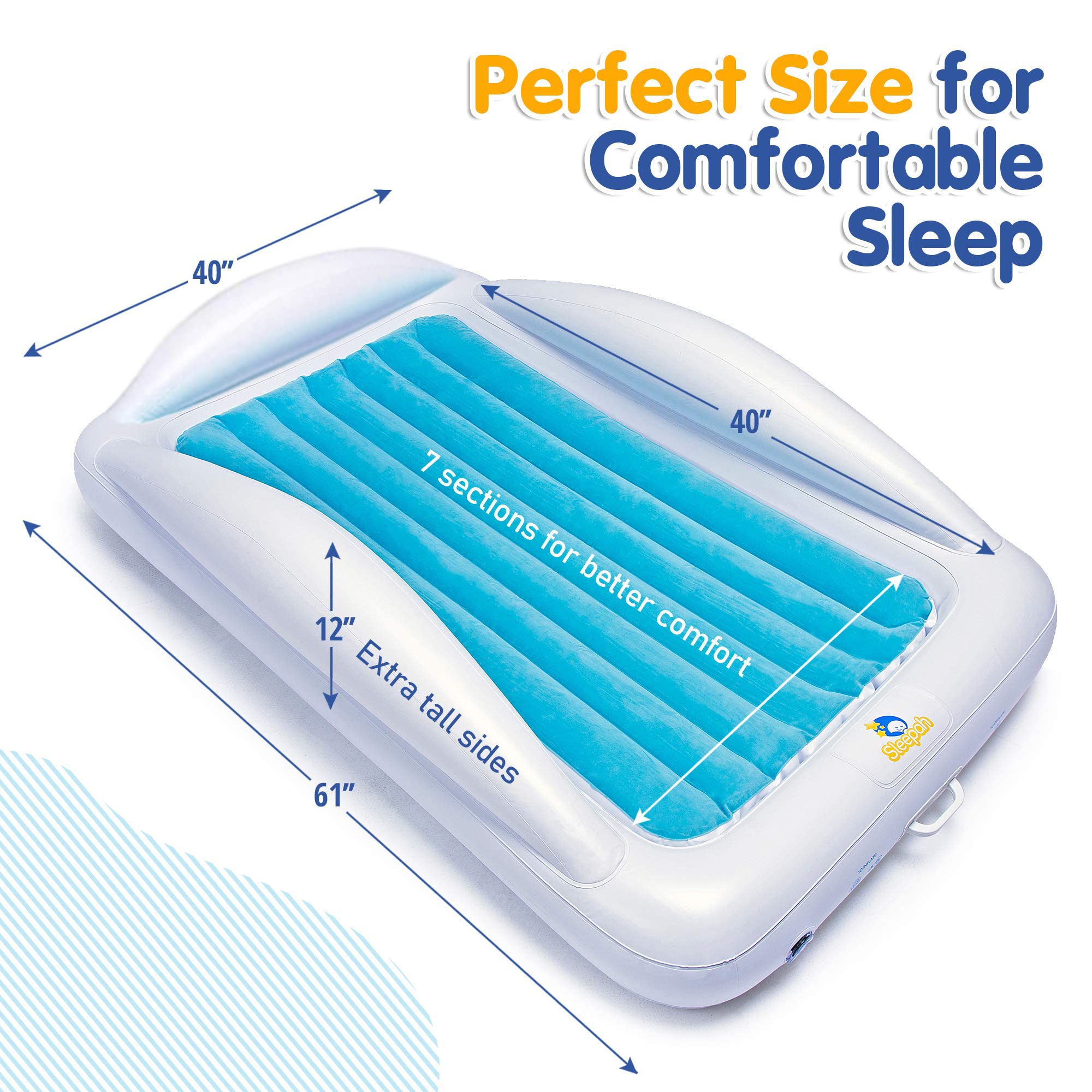 Sleepah travel bed side view highlighting high bumpers for containment.