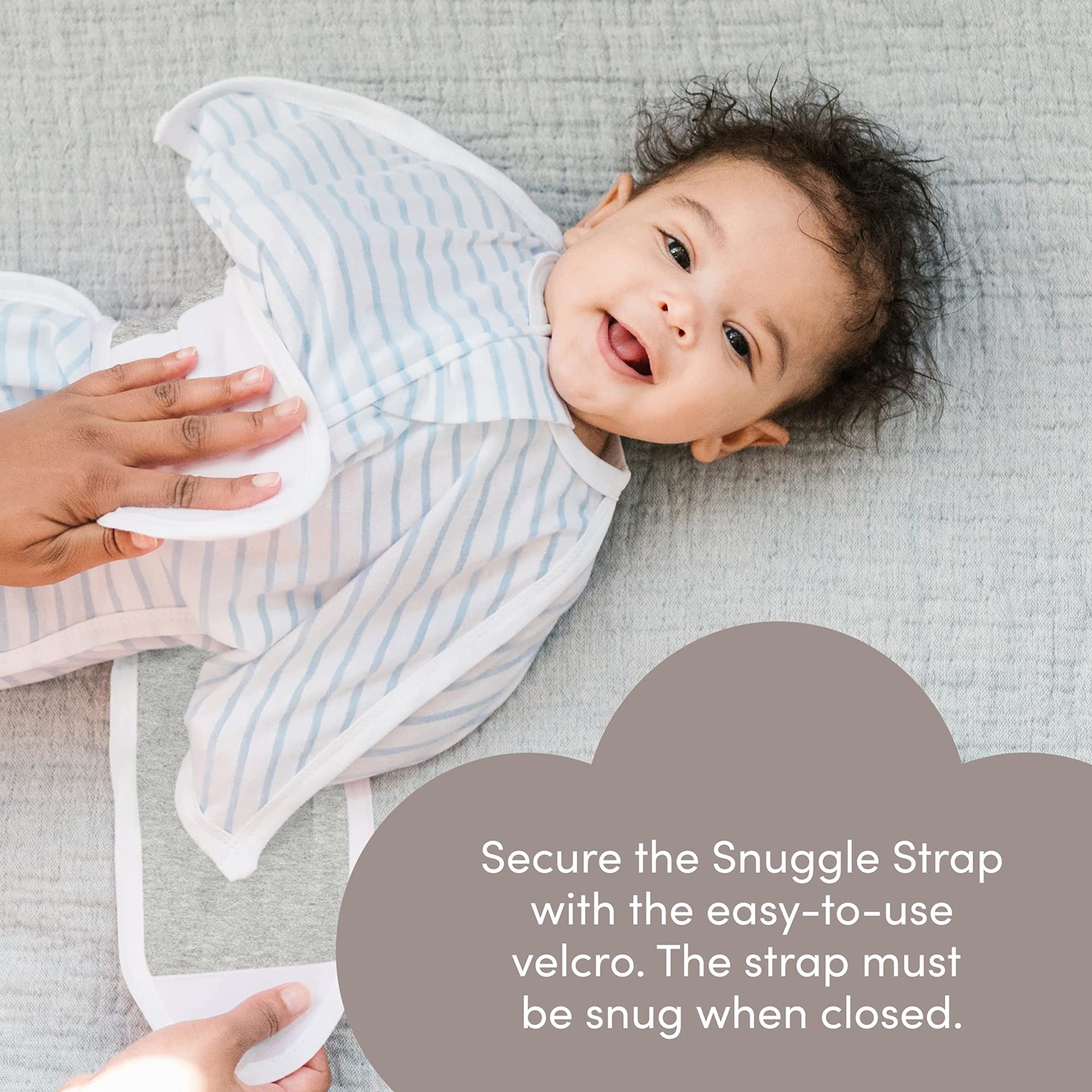 SleepingBaby Baby sleeping with Snuggle Strap suggests cozy, secure transition.