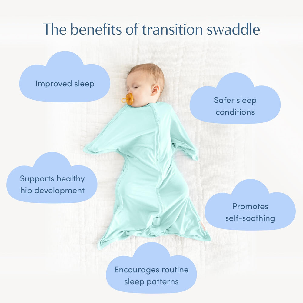SleepingBaby Easy on off swaddle design shows convenient access for quick changes and layering.