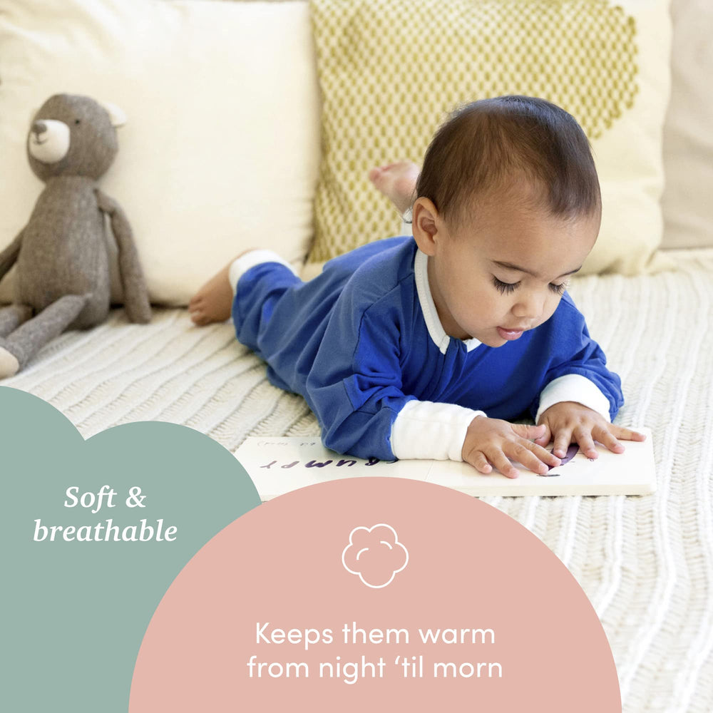 SleepingBaby Flying Squirrel pajamas navy side view shows quick-access zipper for diaper changes.