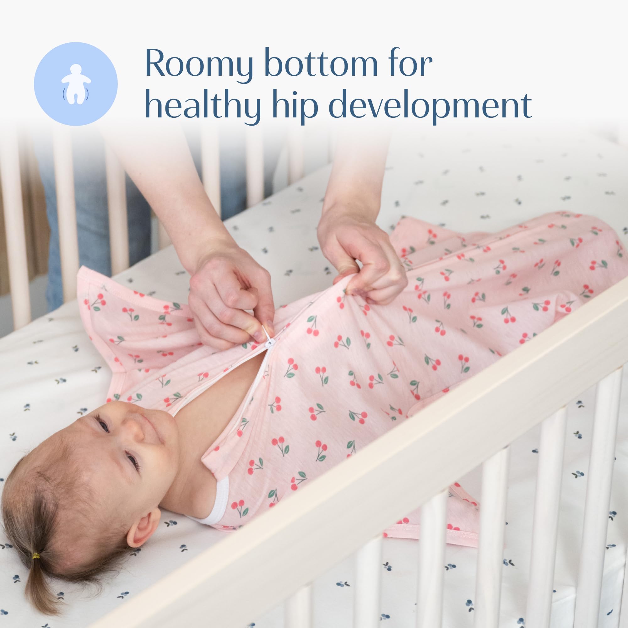 SleepingBaby roomy leg-room swaddle facilitates hip-friendly sleep