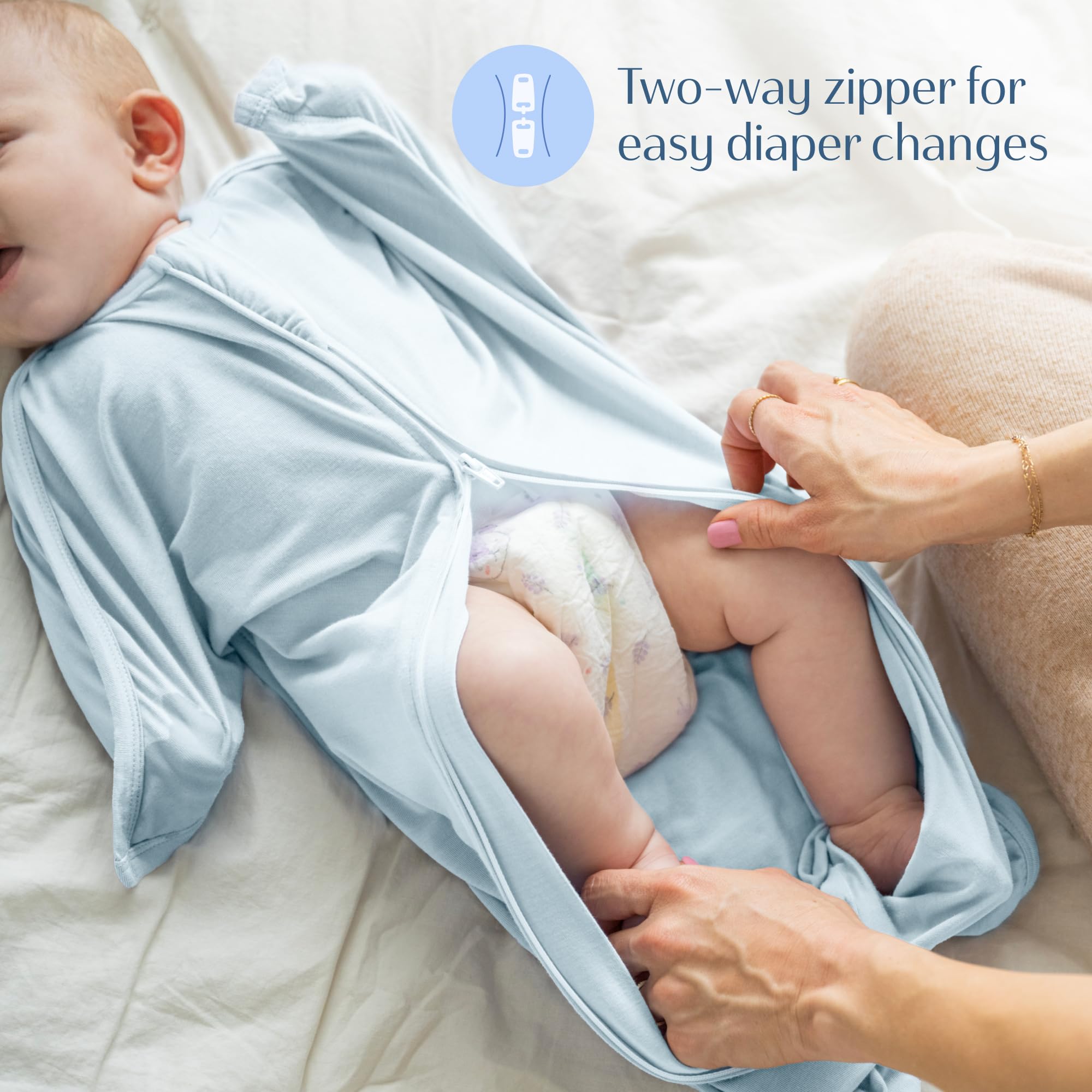 SleepingBaby Transition swaddle roomy ergonomic design supports leg movement for comfortable sleep.
