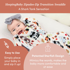 SleepingBaby Zipadee-Zip arms-out transition demonstrates gentle freedom of movement.