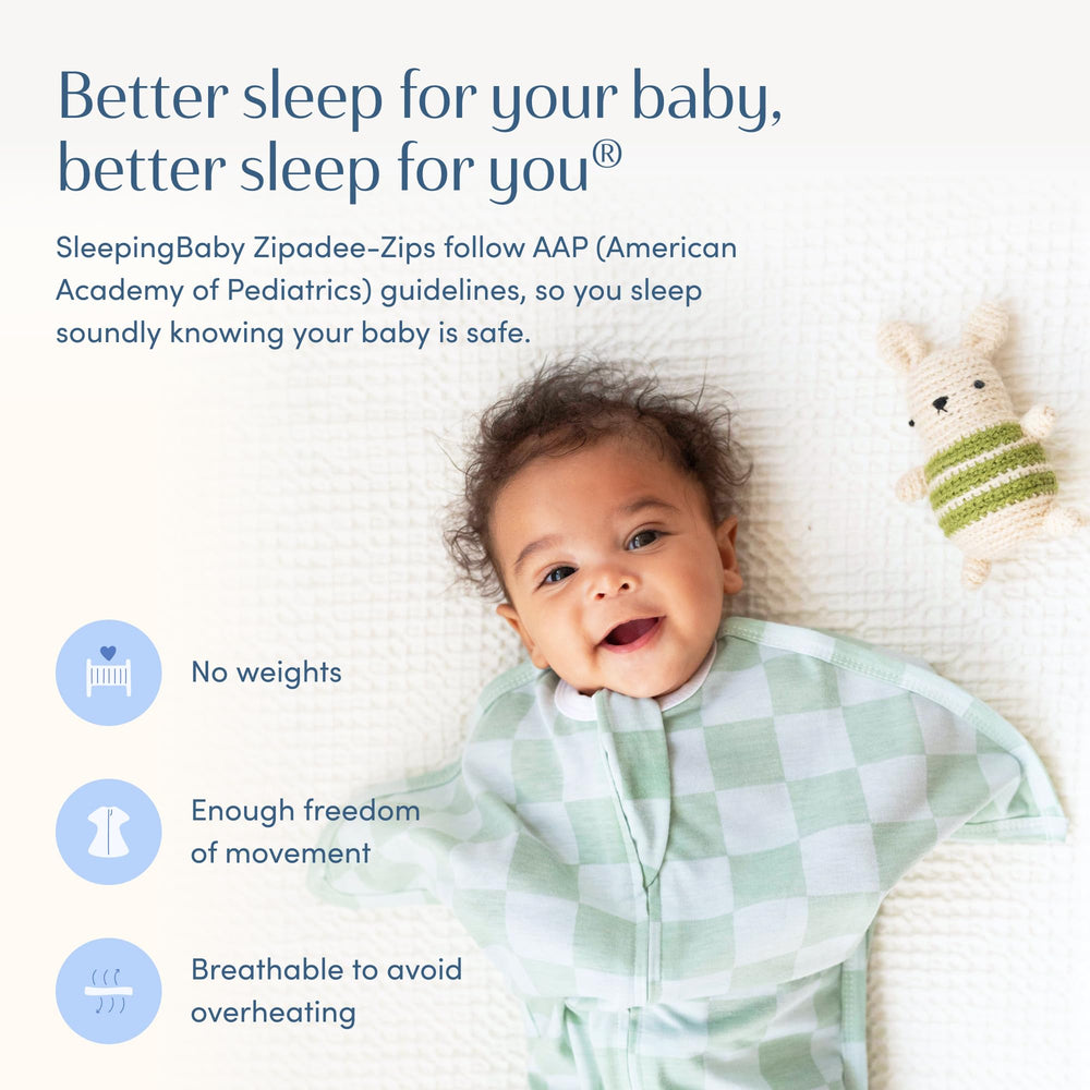 SleepingBaby Zipadee-Zip helps promote arms-up sleep with gentle pressure and fewer wake-ups.
