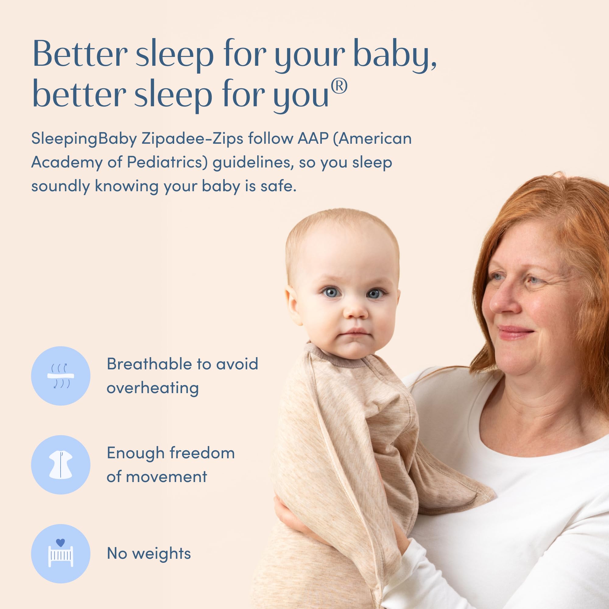 SleepingBaby Zipadee-Zip arms-up transition aid shown in a wearable swaddle for easier sleep cues.