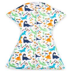 SleepingBaby Zipadee-Zip Dino swaddle in snug pose for calm naps.