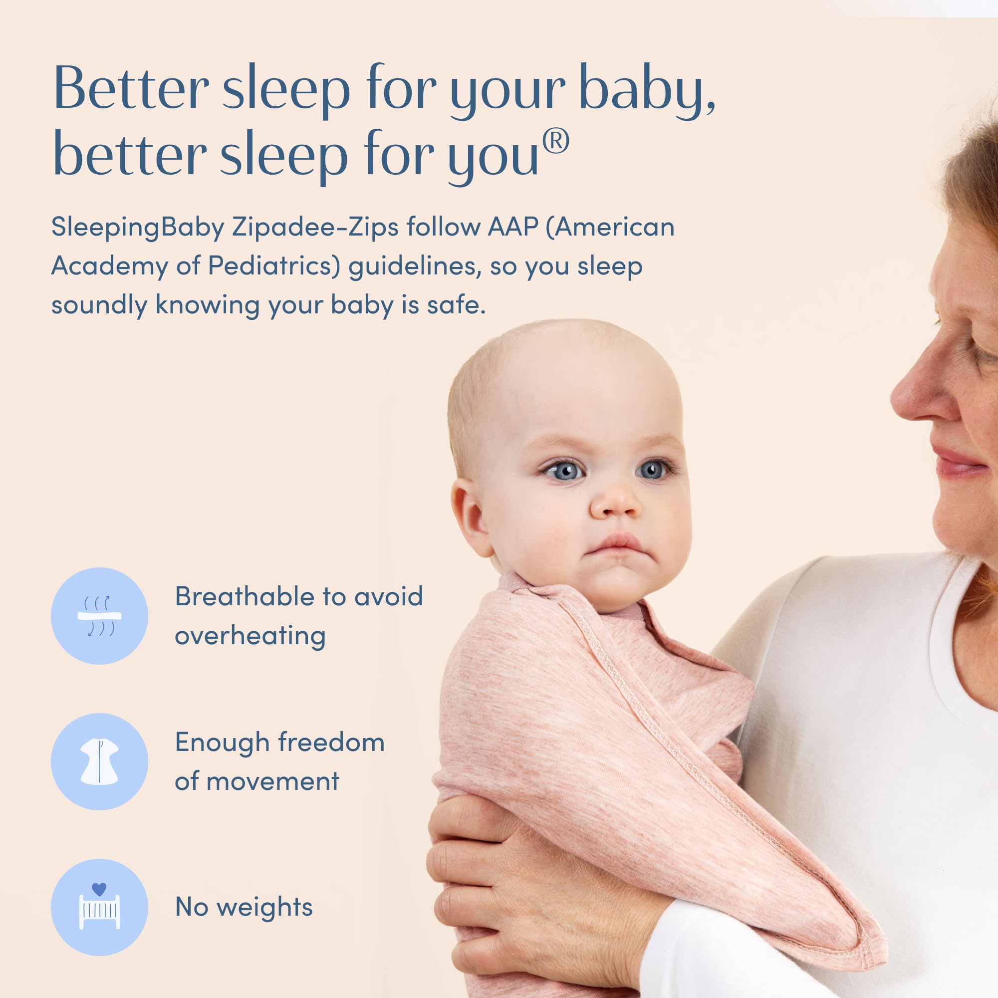 SleepingBaby Zipadee-Zip 6-12 month swaddle fits baby arms and torso securely.