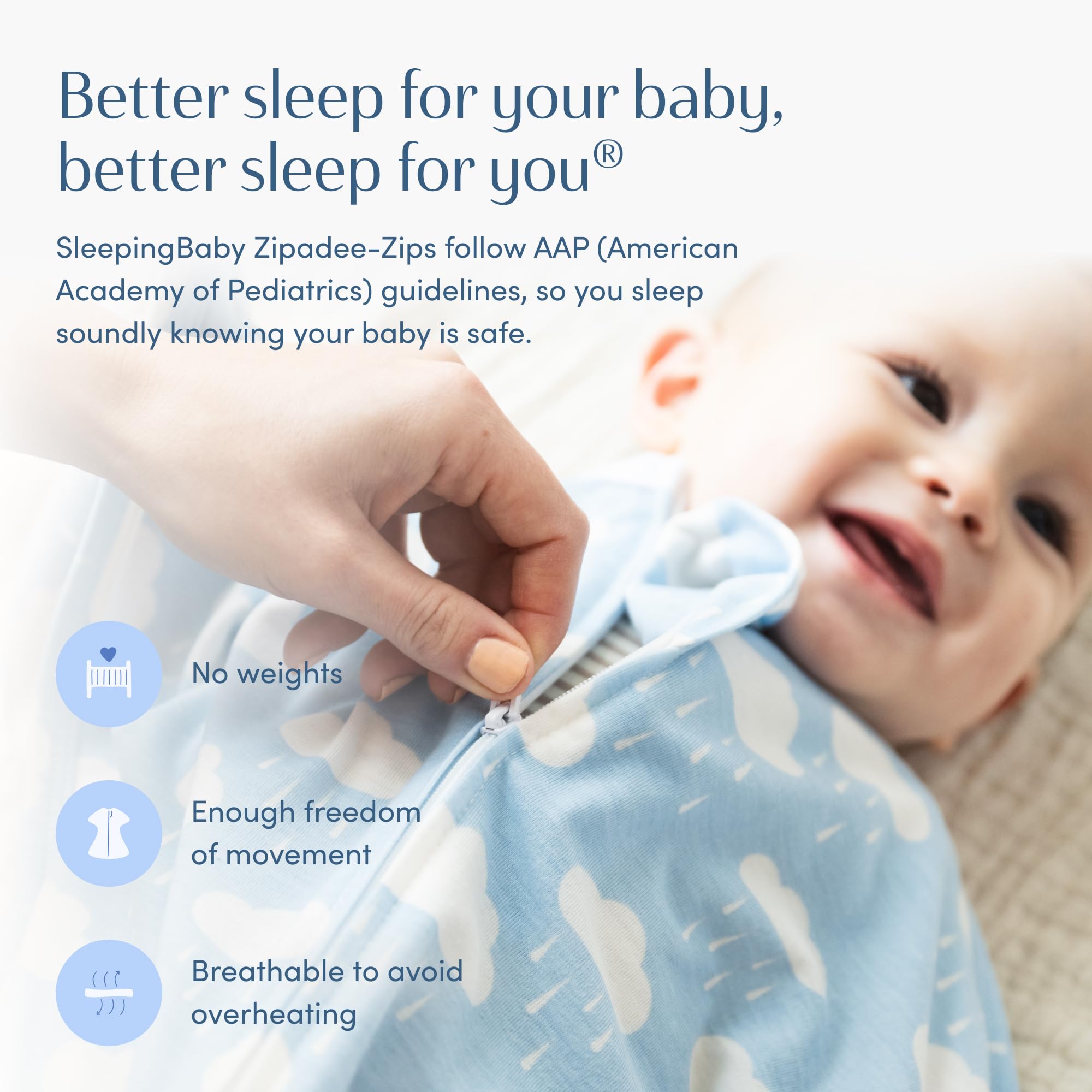 SleepingBaby Zipadee-Zip hands-up transition demonstrates arms-up sleeping ease