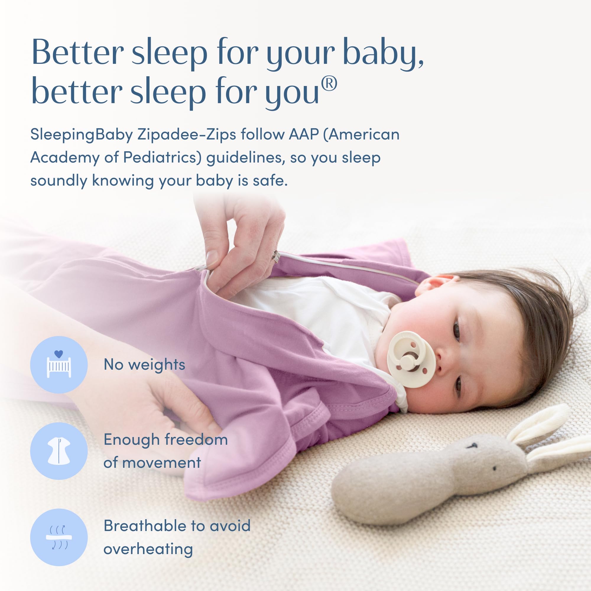 SleepingBaby Zipadee-Zip hip-friendly design supporting healthy hip development in lavender.