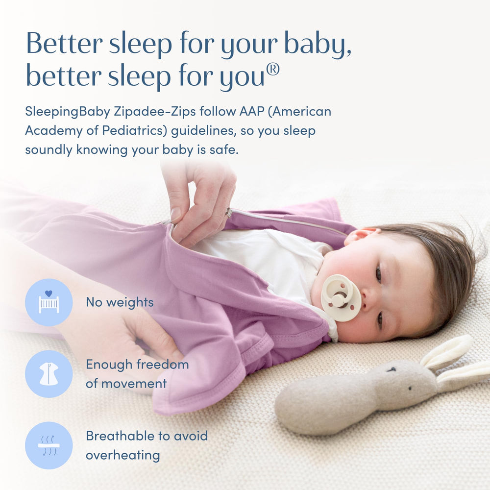 SleepingBaby Zipadee-Zip hip-friendly design supporting healthy hip development in lavender.