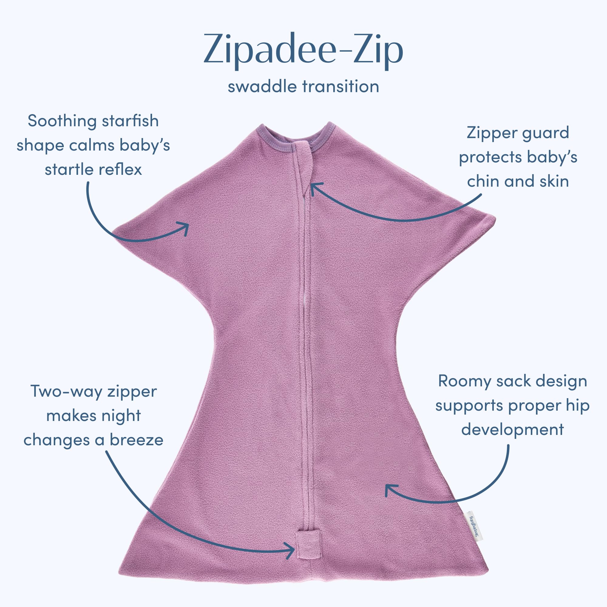 SleepingBaby Zipadee-Zip lavender fabric texture shows cozy, snug feel for night comfort.